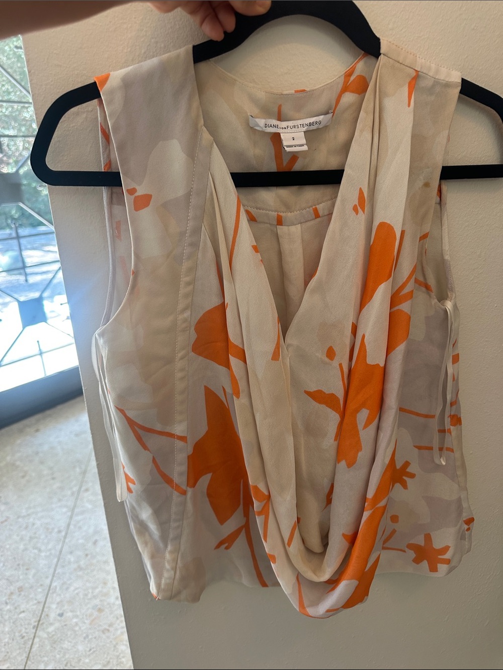 Diane von Furstenberg Cream Top with Orange Floral Draped Cowl